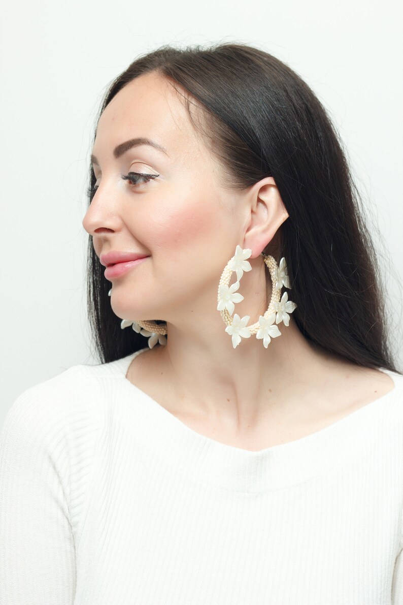 Acetate Bridal Flowers Ivory Crystal Lily Earrings Acrylic big Hoop earrings Wedding Ivory earrings Statement Earrings Earrings Ivory Button image 1