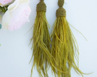 Olive Feather Earrings with Beaded Accents Handcrafted Statement Jewelry Olive Feather Beaded Tassel Unique earrings Boho Style