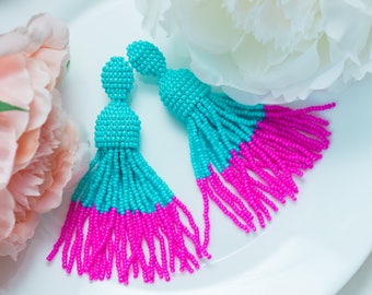 Turquoise and Fuchsia Ombre beaded Earrings tassel Style Women earrings Stud earrings Beadwork jewelry Turquoise earrings