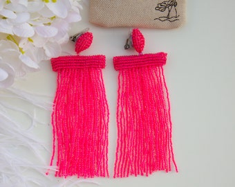 Neon Bright Pink Garnet Long Beaded Waterfall Tassel Earrings Neon Pink Oscar Earrings Stud earrings Beadwork  Women Earrings Dance earrings