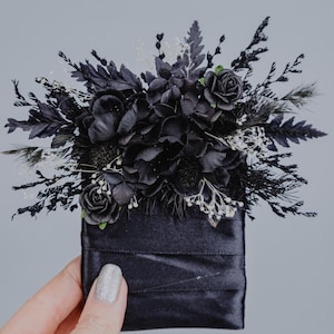 Black White Pocket Boutonniere for Groom/Gothic Wedding Flowers/Moody Wedding/Halloween