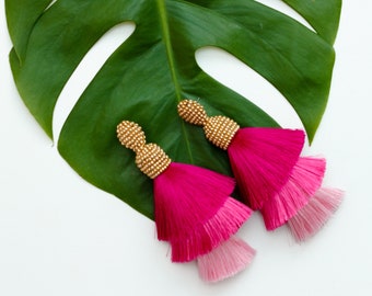 Pink Tassel Earrings Long earrings Three Shades of Pink Silk Earrings Lola tassel Silk tassel Clip Stud Pink Tassel bridesmaids