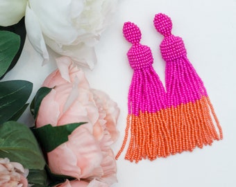 Brigt pink and orange ombre beaded Earrings tassel Oscar Style Women earrings Stud earrings Beadwork jewelry Fuchsia earring clip earrings