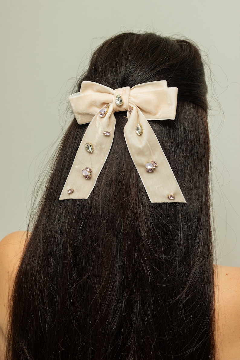 Velvet crystal bow, Long Velvet Hair Bow, Shot Velvet Hair Tie, Barrette Hair, Multicolor bow Hair Bows, Unique Bow Velvet Hair Clip image 5