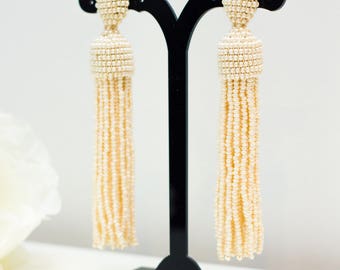 Сhampagne Statement Wedding earrings Beaded Long Tassel Ivory Beaded earrings tassel Oscar Style Earrings for bridesmaids Clip Stud earrings