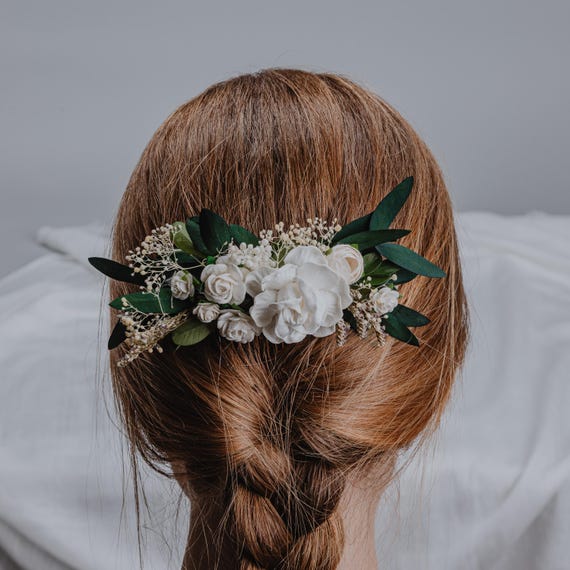 Wedding Ivory & White Roses Hair Comb Set Bridal Flower Hair Comb: Romantic Greenery, White Roses  main image 2