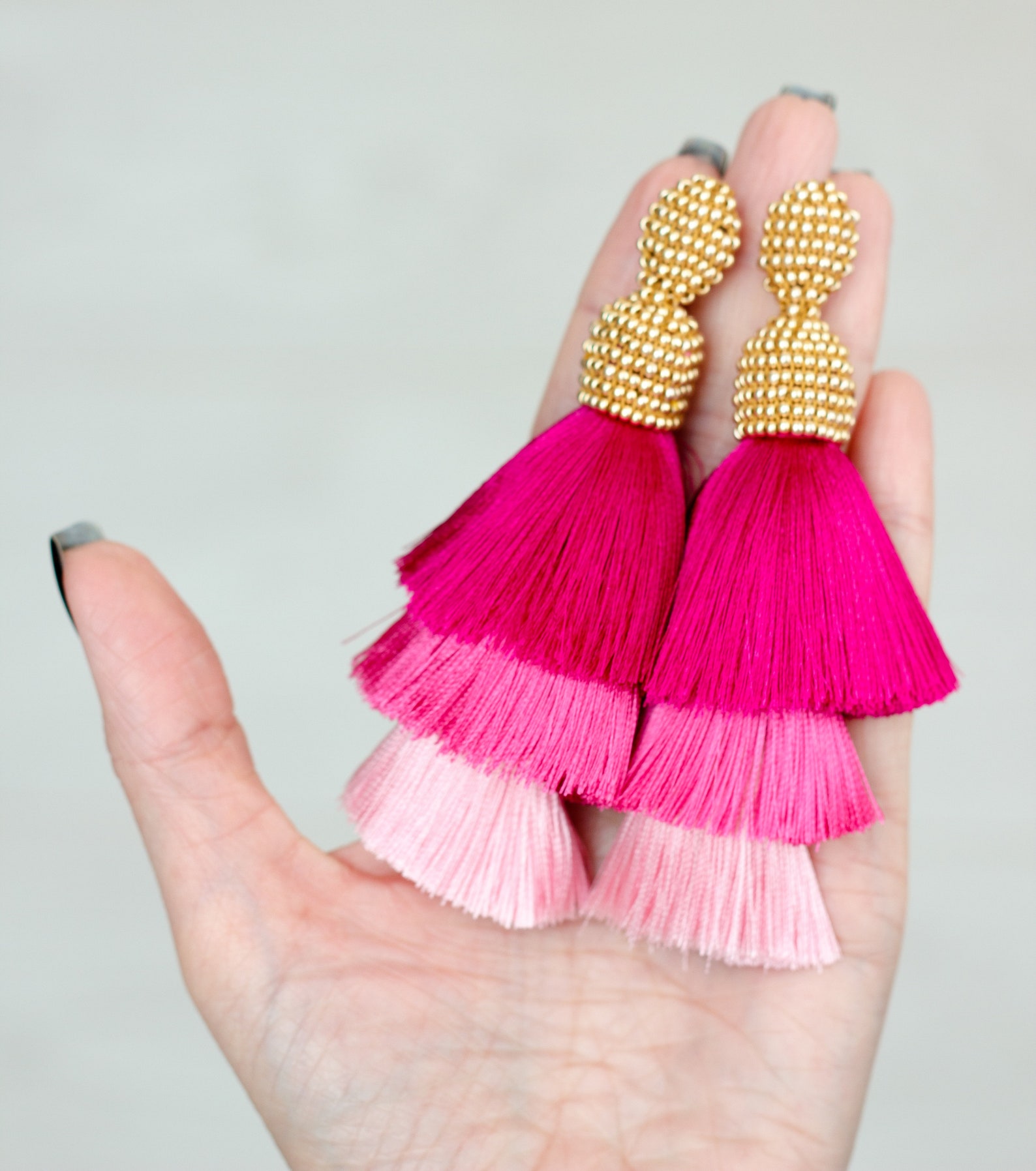 Pink Tassel Earrings Long Earrings Three Shades of Pink Silk Etsy