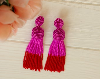 Fuchsia and red ombre beaded Earrings tassel Oscar de la Renta Style Women earrings Stud earrings Beadwork jewelry Fuchsia earring clip