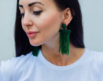 Green Garnet Long Beaded Waterfall Tassel Earrings Green Oscar Earrings Stud Earrings Beadwork Jewerly  Earrings