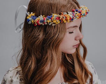 Colorful Wildflower Crown/Dried Flower Head Wreath/Boho Floral Halo/Meadow Bridal Hairpiece/Summer Festival Headband/Baby breath hair halo/