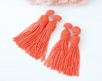 Living Coral beaded earrings tassel,orange tassel earrings,Oscar Style Clip on Earrings Beadwork Colors earrings Salmon orange