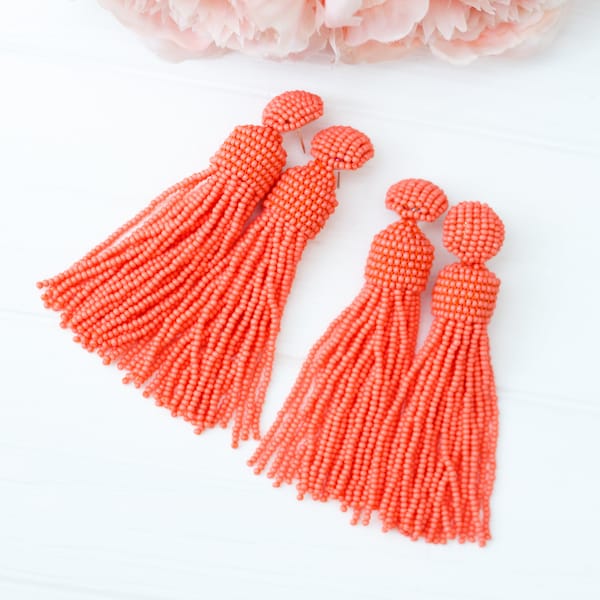 Living Coral beaded earrings tassel,orange tassel earrings,Oscar Style Clip on Earrings Beadwork Colors earrings Salmon orange