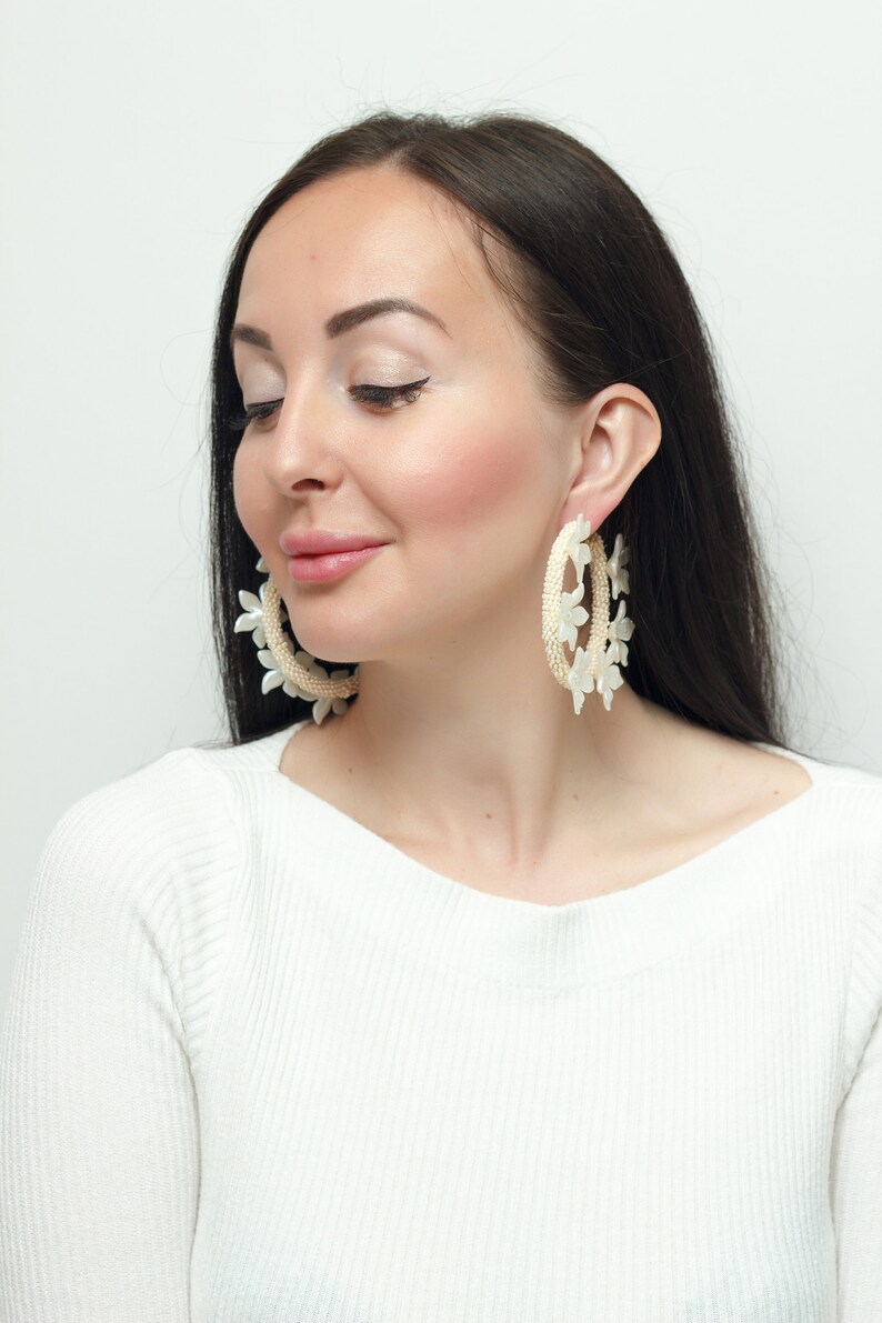 Acetate Bridal Flowers Ivory Crystal Lily Earrings Acrylic big Hoop earrings Wedding Ivory earrings Statement Earrings Earrings Ivory Button image 2