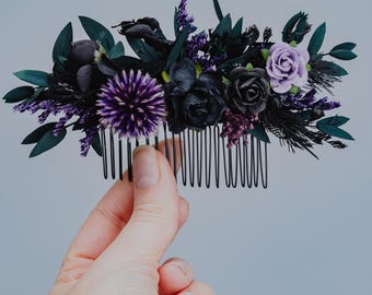 Svartlila gotiskt bröllopshårkam/mörkblommigt håraccessoar med rosor/alternativt brudhårsmycke för gotisk brud/Halloweenbröllop