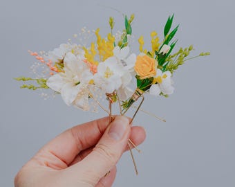 White and Yellow Wedding Hair Pins/Boho Floral Hair Accessories with Orange Accents/Bridal Hairpiece for Rustic or Summer Spring Wedding