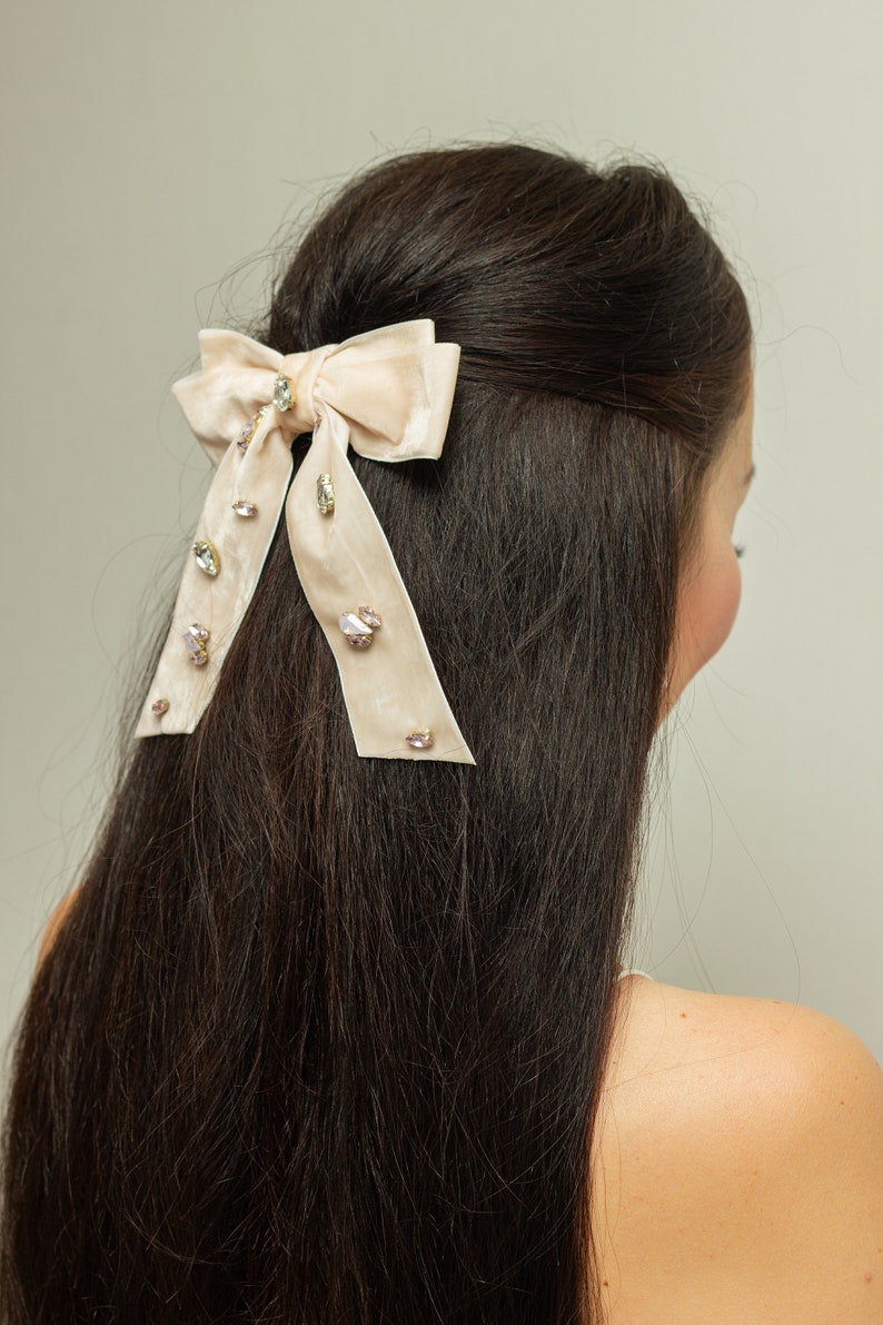 Velvet crystal bow, Long Velvet Hair Bow, Shot Velvet Hair Tie, Barrette Hair, Multicolor bow Hair Bows, Unique Bow Velvet Hair Clip image 4