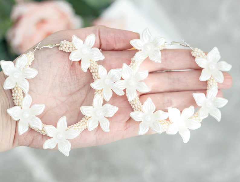 Acetate Bridal Flowers Ivory Crystal Lily Earrings Acrylic big Hoop earrings Wedding Ivory earrings Statement Earrings Earrings Ivory Button image 9