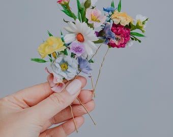 Colorful Wildflower Hair Pins/Spring Wedding Hair Accessories/Pastel Flower Bobby Pins/Boho Bridesmaid Hairpiece/Floral Hair Set/Daisy Pins