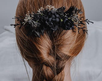 Peineta de boda con rosa negra/Peineta de novia gótica con flores oscuras/Novia de Halloween o accesorio gótico alternativo para el cabello/Boda con un toque de humor