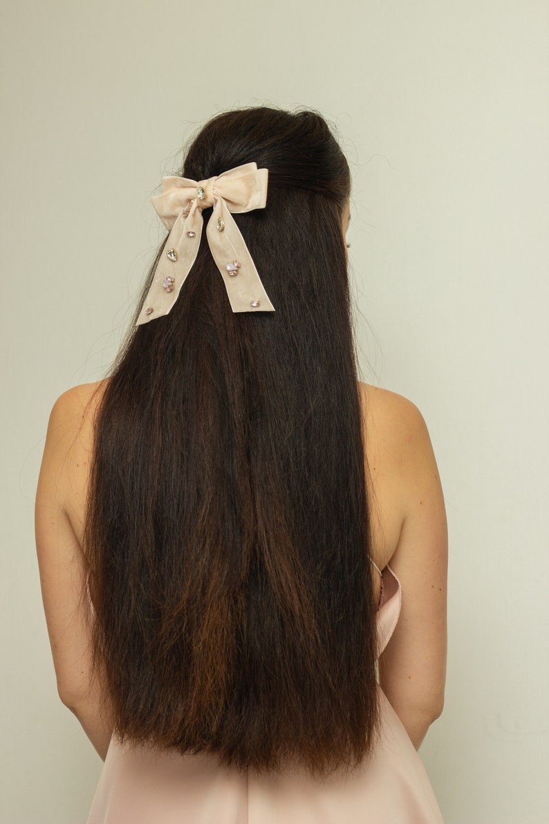 Velvet crystal bow, Long Velvet Hair Bow, Shot Velvet Hair Tie, Barrette Hair, Multicolor bow Hair Bows, Unique Bow Velvet Hair Clip image 3