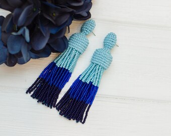 Blue Ombre Beaded Earrings Tassel, Oscar Style, Women Earrings, Stud Earrings, Beadwork Jewelry Clip on earrings,Bridesmaids,