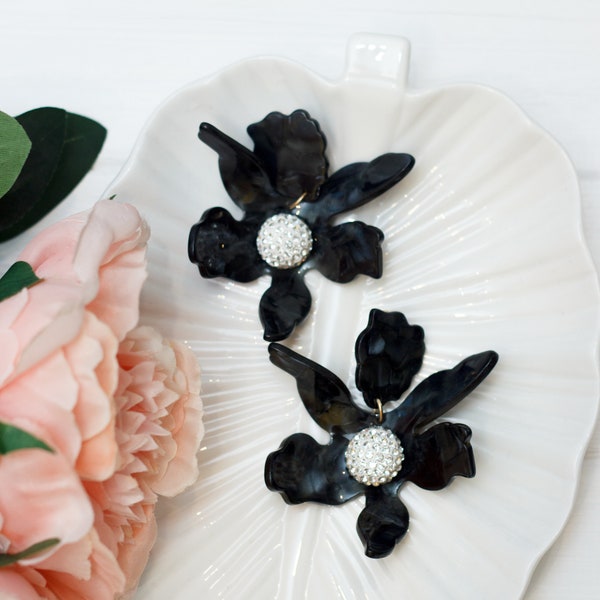 Black Crystal Lily Acetate Flowers Earrings Statement Acrylic Big Earrings with Accents for a Bold Look Button earrings Bridesmaids