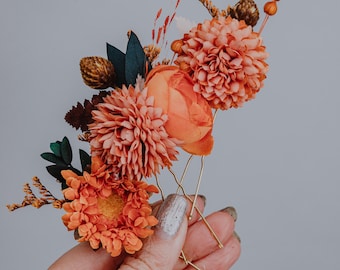 Terracotta Orange Hair Pins/Burnt Orange Wedding Hair Accessories/Fall Bridal Hairpiece/Rustic Boho Hair Clip, Autumn Flower Pins/