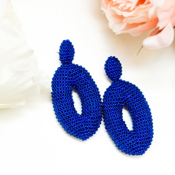 Beaded oval Earrings Cobalt Blue Beaded Earrings Oscar Style Women Earrings Stud Clip On Earrings Beadwork Jewelry Denim Blue oscar