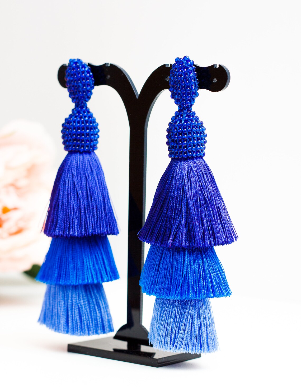 Three Shades of Blue Tassel Earrings Style Women Earrings Long Etsy