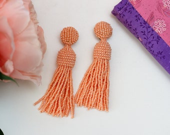 Pink coral Tassel Earrings beaded earrings tassel, Oscar Style Clip on Stud Earrings Beadwork jewelry Colors earrings gift mother