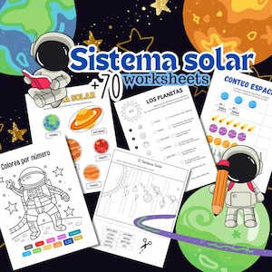 Feuilles de travail sur le système solaire, apprentissage de la science, apprentissage des chiffres et des lettres en espagnol, calligraphie, cartes mémoire, astronautes à colorier, faits amusants
