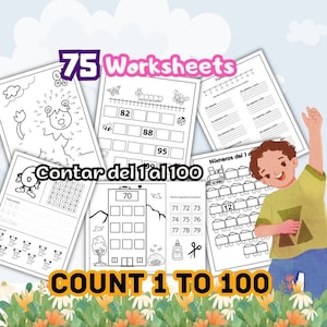 May include: A set of 75 black and white printable worksheets for children to practise counting from 1 to 100. The worksheets feature various themes, including animals, buildings, and transport. The text "Count 1 to 100" is written in large, bold letters at the bottom of the image.