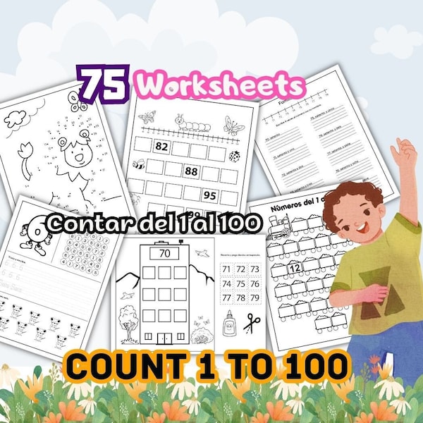 Count numbers 1 to 100 worksheet, Missing numbers, dot to dot, calligraphy, cut and paste kids, spanish math sheet, preeschool kindergarden