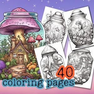 40 Life In Jar Grayscale Coloring Page, Beautiful Tiny Fairy world, mushroom houses inside jar coloring book adults, fantasy glass terrarium