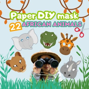 Paper savannah Animals Masks for Kids, Role play sheet mask, African zoo Animal, Safari wildlife party, DIY Home School Craft printable