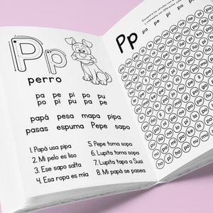Pode incluir: Livro ilustrado em preto e branco com um c&atilde;o e a letra P. O livro ensina palavras em espanhol que come&ccedil;am com a letra P. O livro tem uma p&aacute;gina com uma grade de c&iacute;rculos contendo a letra P.