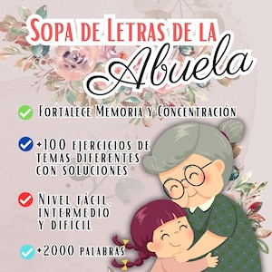 Sopa de letras de la abuela, letras mayúsculas para personas mayores, hojas de actividades para personas mayores, sopa de letras de la abuela