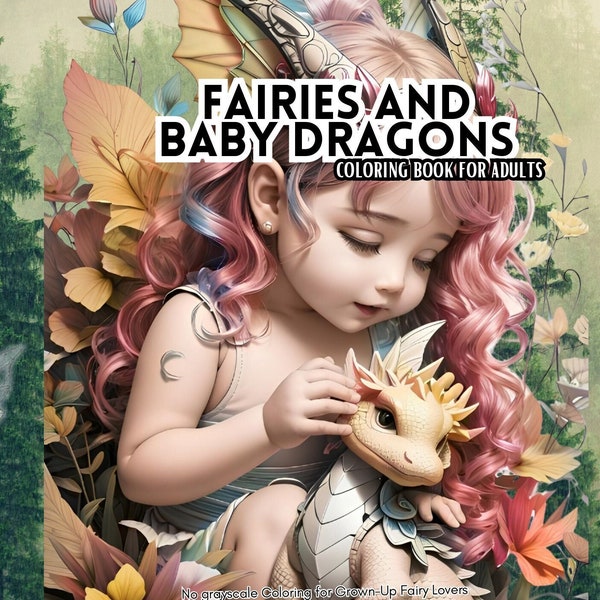 Baby fairies and baby dragons coloring page adults, Sweet Cute Little Fairies, Baby Angel Darling, Blooming Sleeping Fairies forest woodland