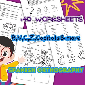 Hojas de trabajo de ortografía y gramática española, práctica de puntuación, exclamación, signo de interrogación, coma, letra mayúscula, escritura de lecciones para niños bilingües