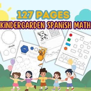 May include: A set of 127 printable worksheets for kindergarten Spanish maths. The worksheets feature colourful illustrations of a bee, a circle, a hexagon, and a number 5. The worksheets also include various shapes and colours.