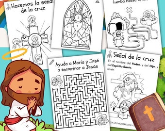 Jogo de perguntas e respostas sobre histórias bíblicas, livro infantil de espanhol com mais de 100 atividades, catecismo, Novo Testamento, folha de exercícios para escola dominical, caça-palavras, traçado.
