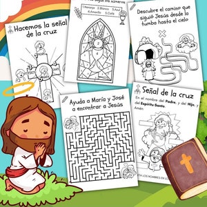 Libro de actividades para niños en español +100 actividades de la Biblia, Catecismo Nuevo Testamento, hoja de trabajo para niños en la escuela dominical, colorear, búsqueda de palabras, trazar, laberinto y más