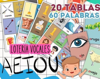 Learn spanish loteria vocabulary, Spanish Bingo game vowels, Aprender español, Lectura inicial, Vocales Bilingual kid child 3 to 6 year
