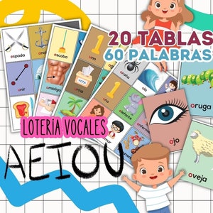 Learn spanish loteria vocabulary, Spanish Bingo game vowels, Aprender español, Lectura inicial, Vocales Bilingual kid child 3 to 6 year