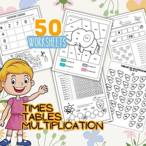 May include: A set of 50 colorful worksheets for learning multiplication tables. The worksheets feature various themes, including an elephant, a bee, and a caterpillar. The text "Times Tables Multiplication" is written in large, bold letters.