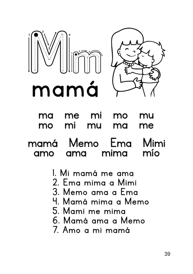 Pode incluir: Ilustra&ccedil;&atilde;o em preto e branco de uma m&atilde;e e um filho se abra&ccedil;ando. A imagem inclui a letra 'M' com linhas pontilhadas para tra&ccedil;ar, a palavra 'mam&aacute;' e uma lista de palavras com a letra 'm' em espanhol.