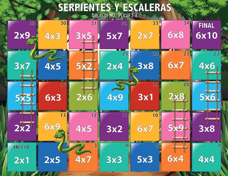 Times Tables 1 to 9, Snakes and Ladders Printable Game, Multiplication