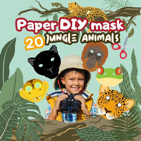 Paper Jungle Animals Masks for Kids, Role play sheet mask, African Animal Rainforest, Safari wildlife toy, DIY Home School Craft printable