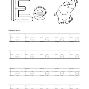 Pode incluir: Folha de trabalho em preto e branco com a letra "E" e um elefante. A letra "E" &eacute; dividida em quatro etapas, com setas indicando a dire&ccedil;&atilde;o a tra&ccedil;ar. A folha de trabalho inclui quatro linhas de "E" pontilhadas para praticar o tra&ccedil;ado. O texto "Traza la letra." est&aacute; no topo da folha de trabalho.