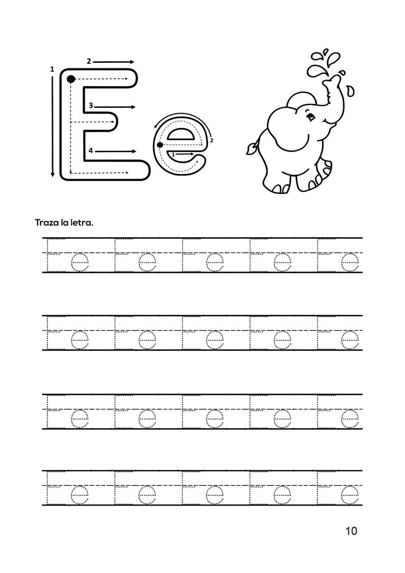 Pode incluir: Folha de trabalho em preto e branco com a letra "E" e um elefante. A letra "E" &eacute; dividida em quatro etapas, com setas indicando a dire&ccedil;&atilde;o a tra&ccedil;ar. A folha de trabalho inclui quatro linhas de "E" pontilhadas para praticar o tra&ccedil;ado. O texto "Traza la letra." est&aacute; no topo da folha de trabalho.